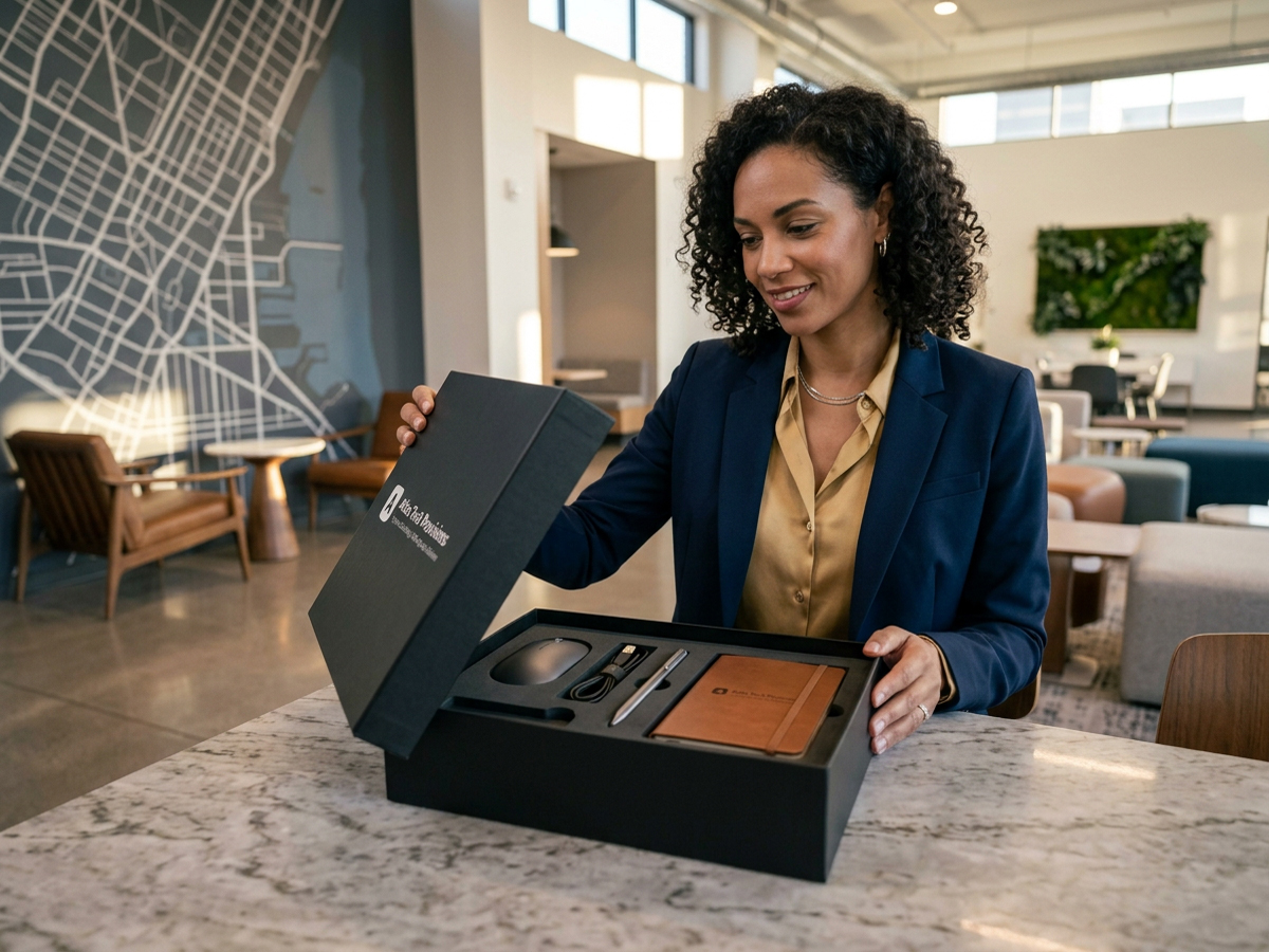 A person opening a branded welcome kit at a table.