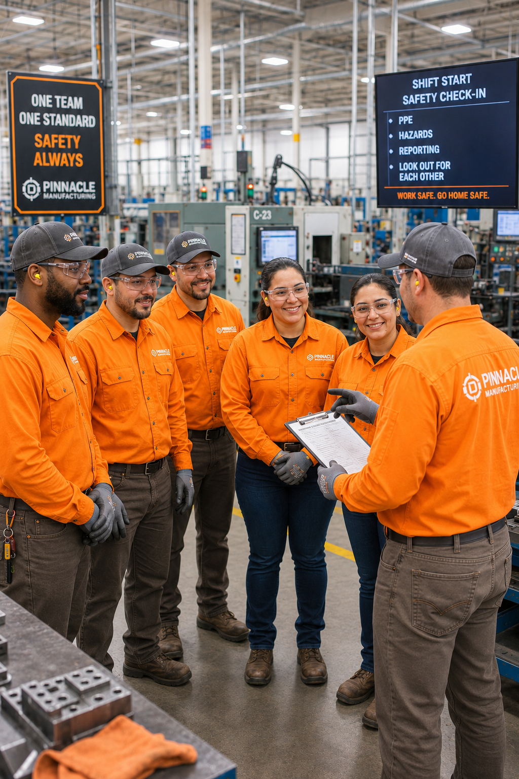 Manufacturing team gathered for a shift-start safety check-in with their supervisor