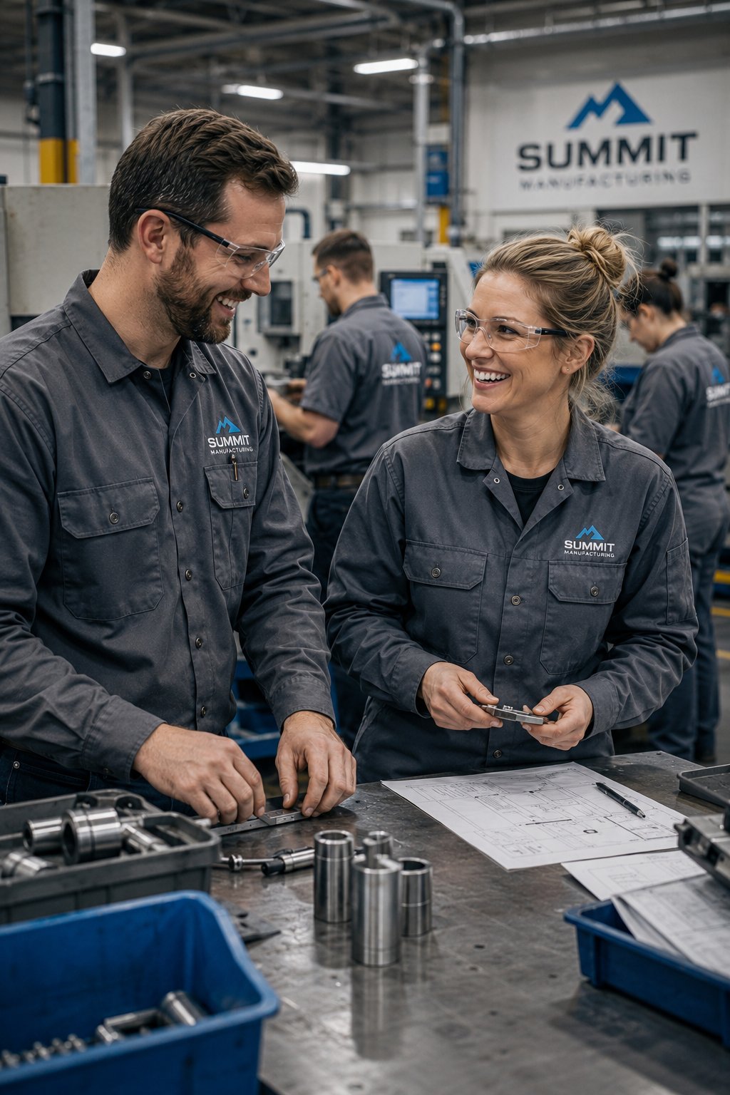 Manufacturing team wearing branded workwear together on the floor