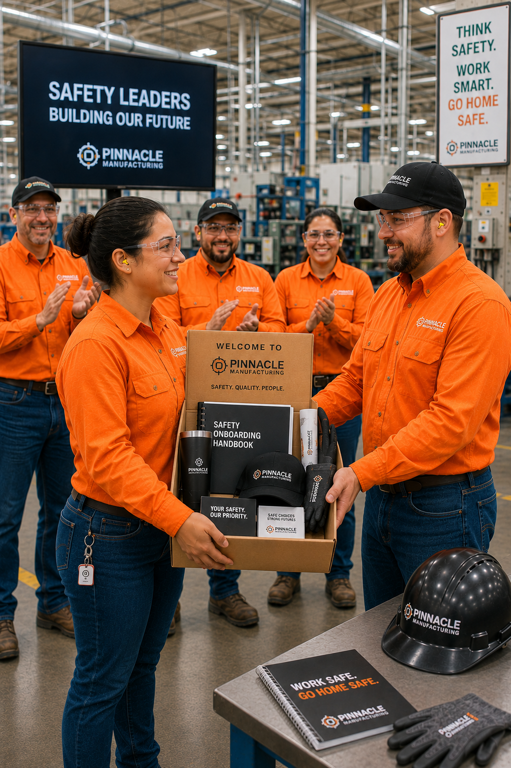 Safety leaders welcoming a new hire with a branded safety onboarding kit