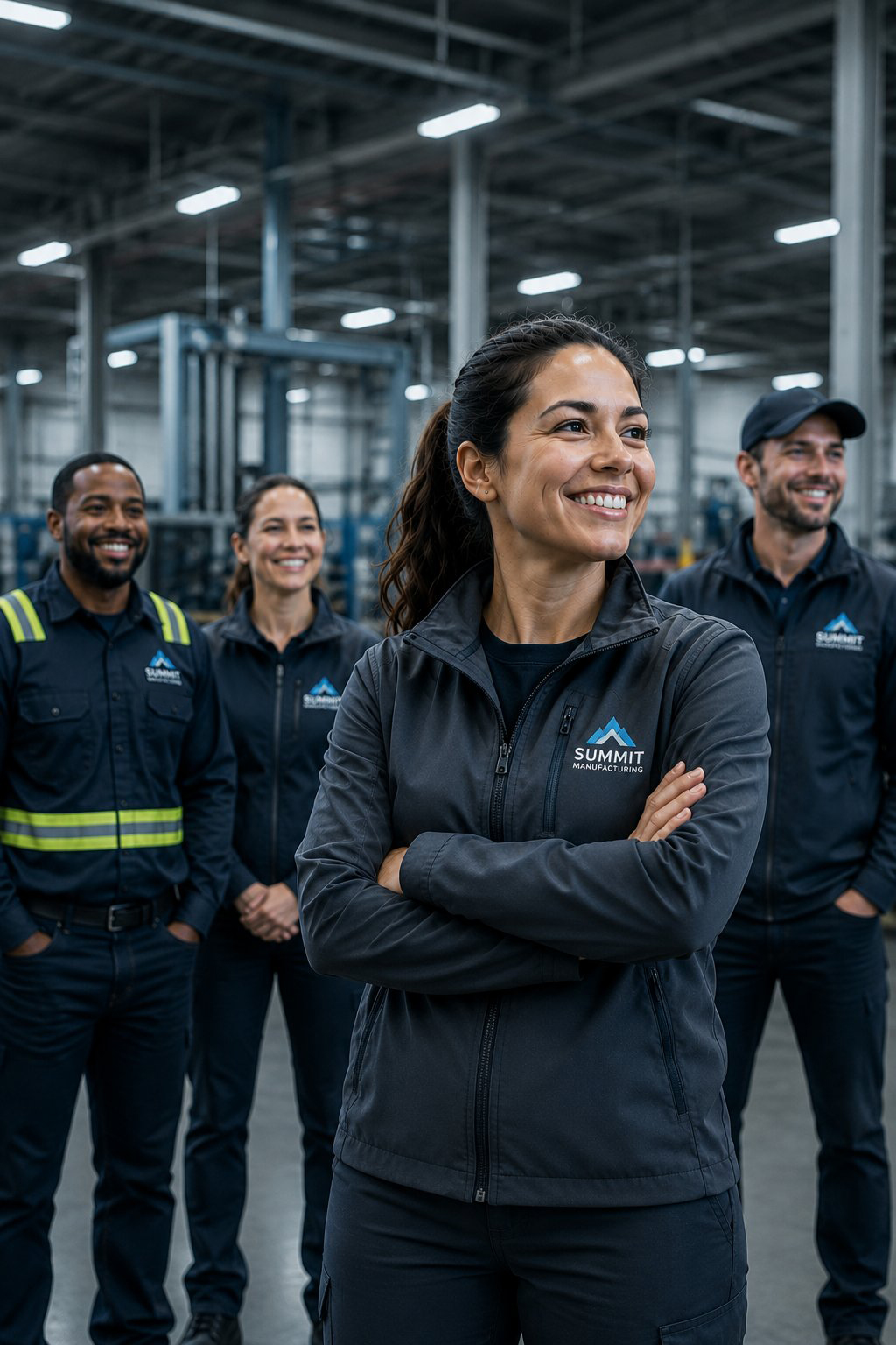Team in branded workwear at a manufacturing site