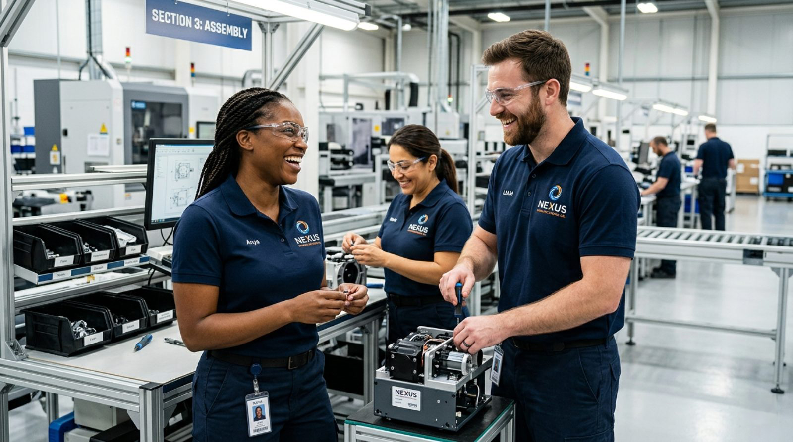 Manufacturing team on the shop floor wearing branded corporate workwear