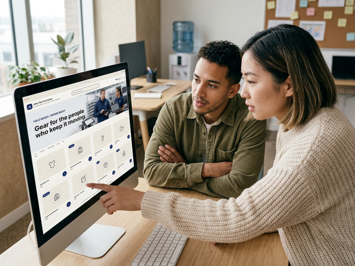 Two colleagues reviewing a company webstore on a desktop computer.