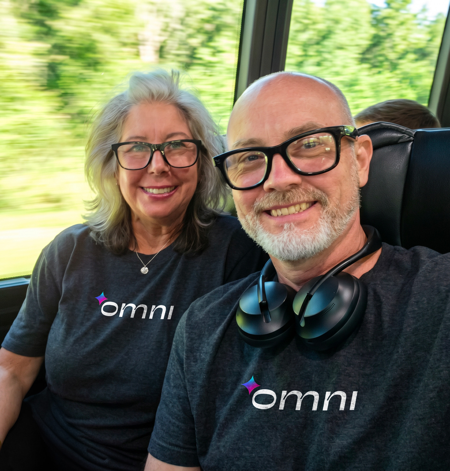 Brian and Julia Cross wearing Omni shirts