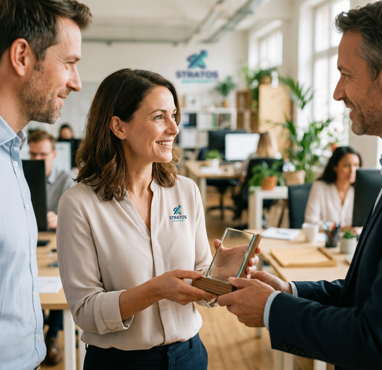 Employee holding a branded award recognizing a meaningful result
