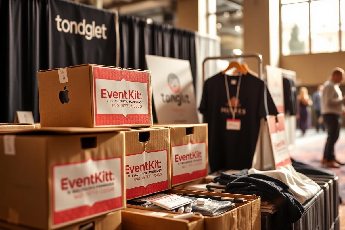Event kit boxes, branded signage, and apparel staged before a trade show