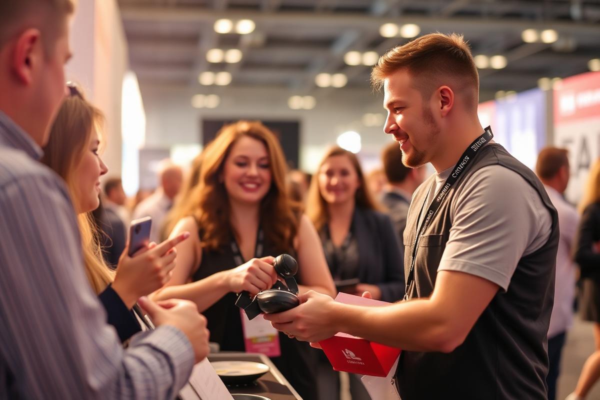 Event staff handing branded gear to attendees at a trade show booth