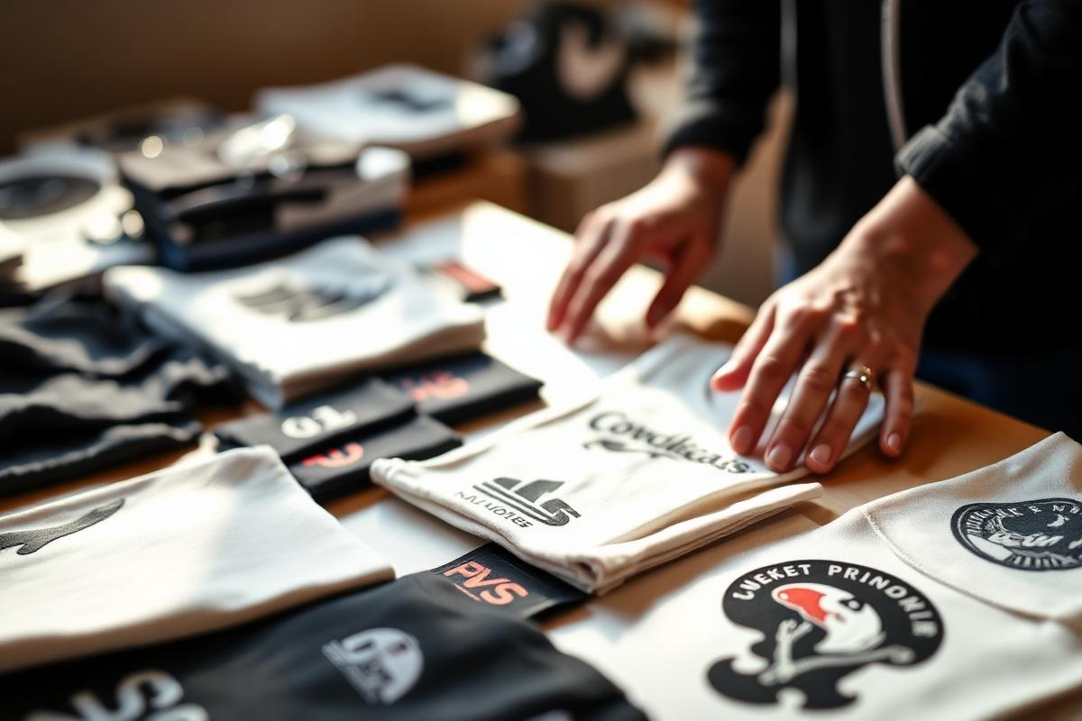 Hands reviewing branded apparel and merch samples on a worktable