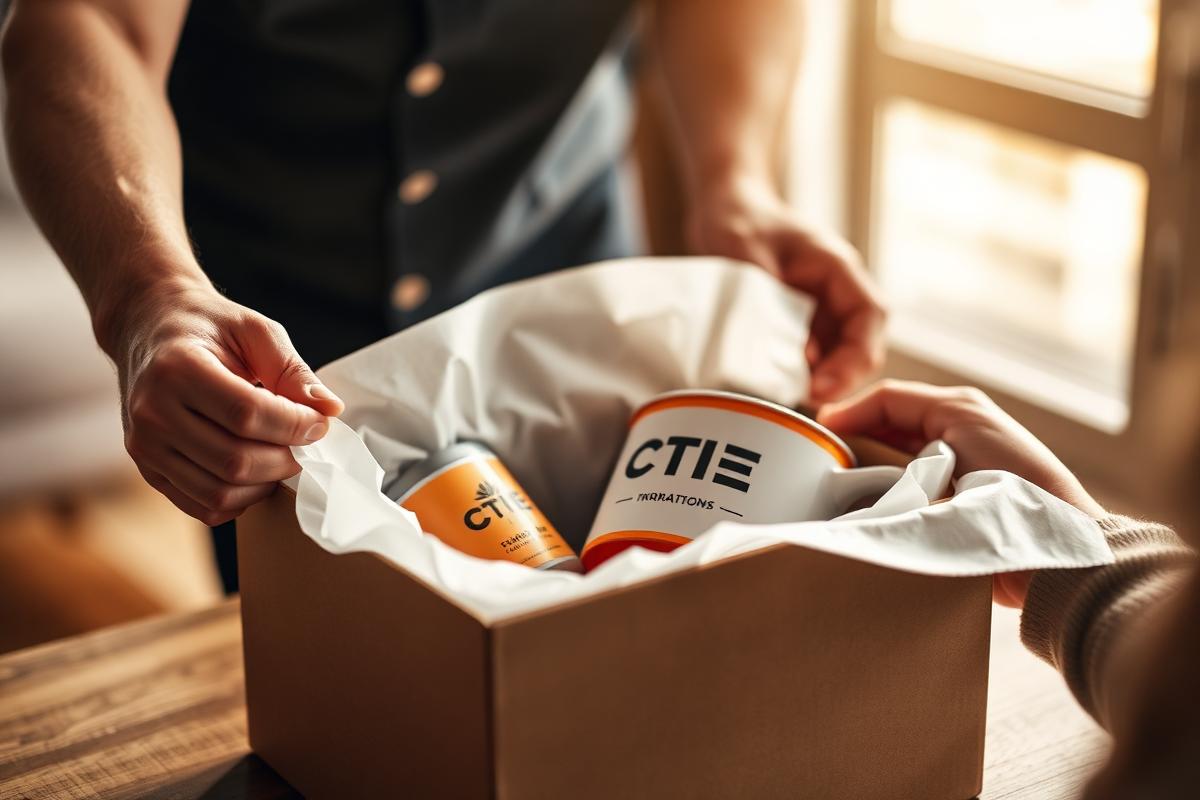 Hands assembling a branded customer welcome kit into a gift box