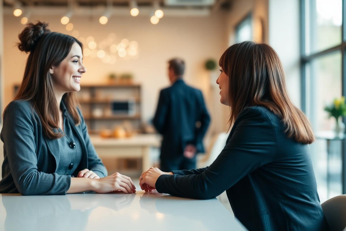 A team member in warm conversation with a customer across a table