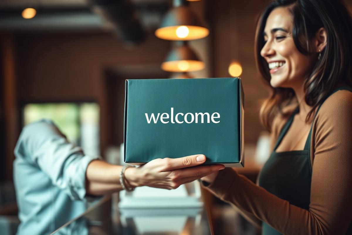 A branded welcome box handed to a smiling customer at a counter