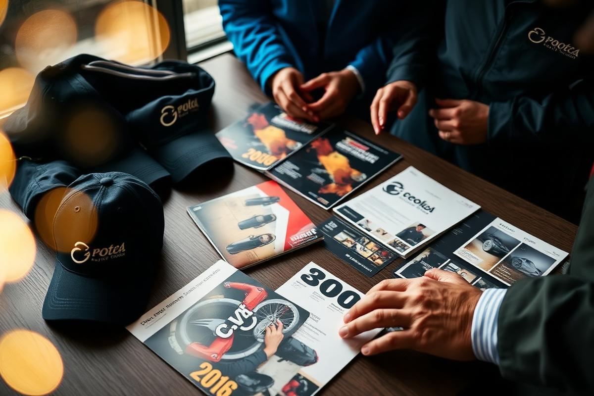 Co-branded dealer caps, jackets, and printed collateral laid out on a table