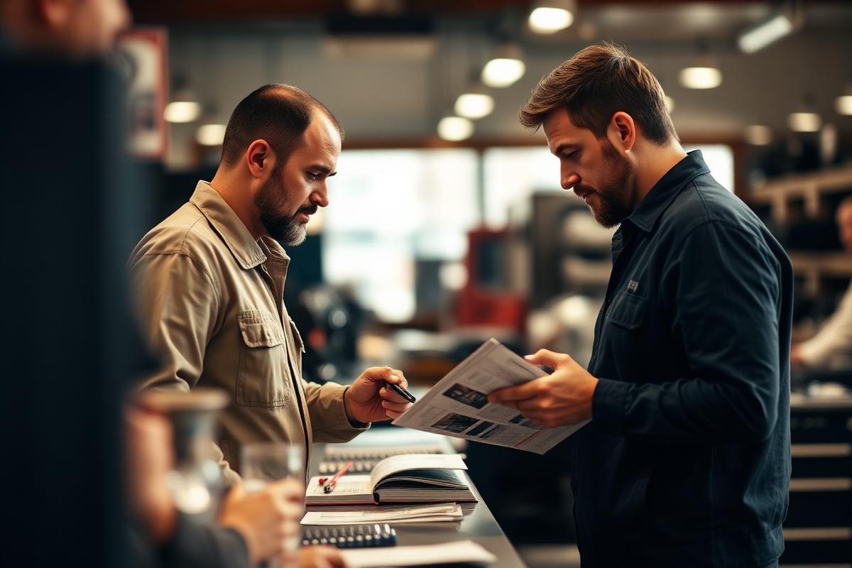 Two people talking over a catalog at a dealer parts counter