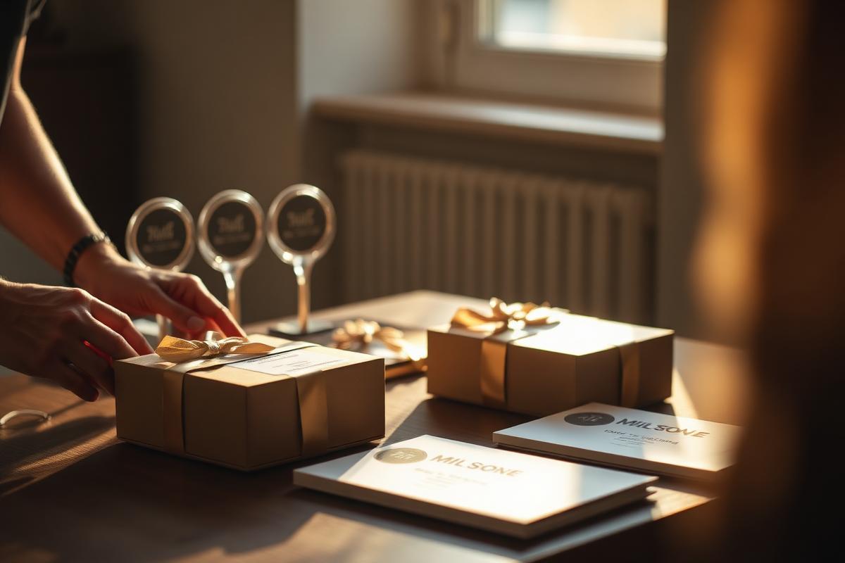 Milestone awards and custom gift packaging arranged on a table
