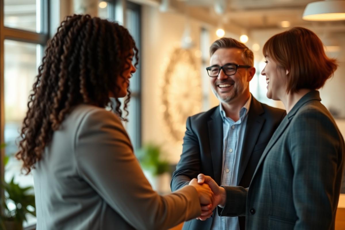 A manager warmly congratulating an employee in a bright office