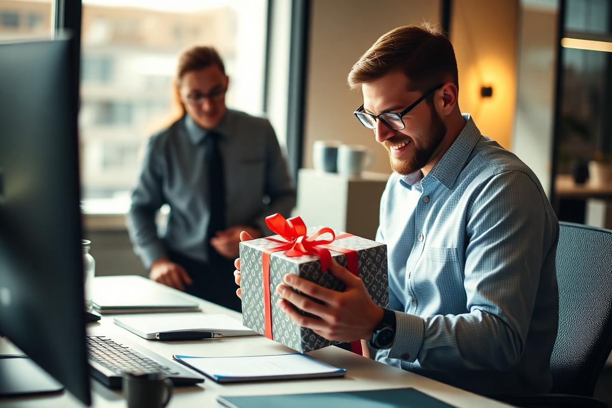An employee unboxing a branded anniversary gift at their desk