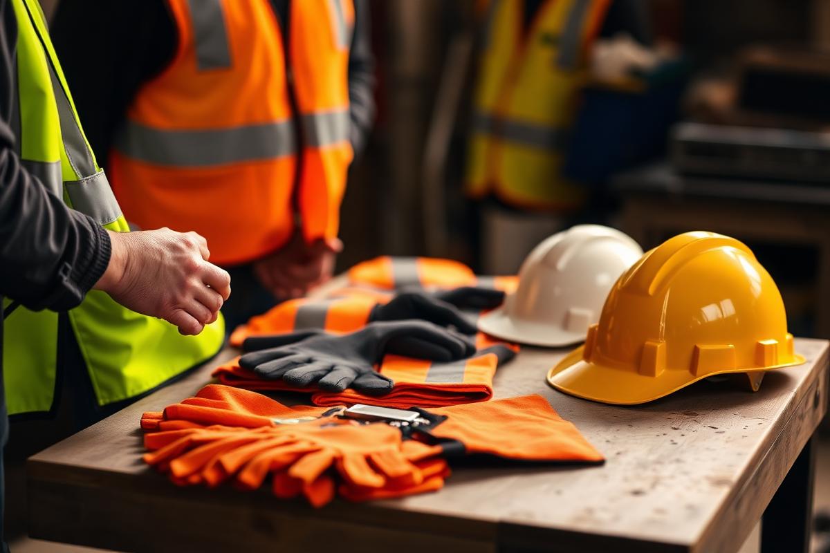 Hands reviewing hi-vis vests, gloves, and hard hat samples on a workbench