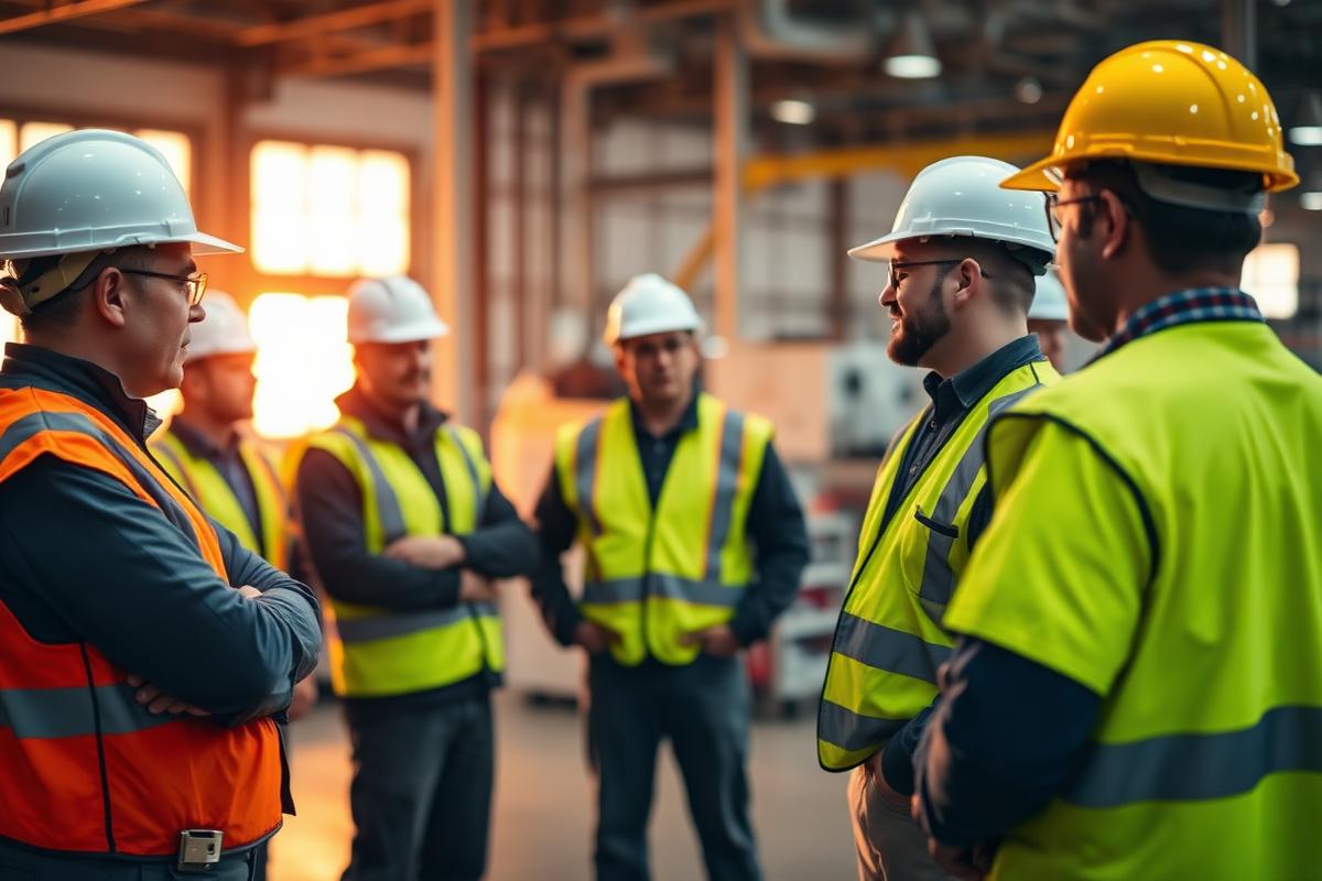 Supervisor leading a safety briefing with a crew in hi-vis vests on a plant floor