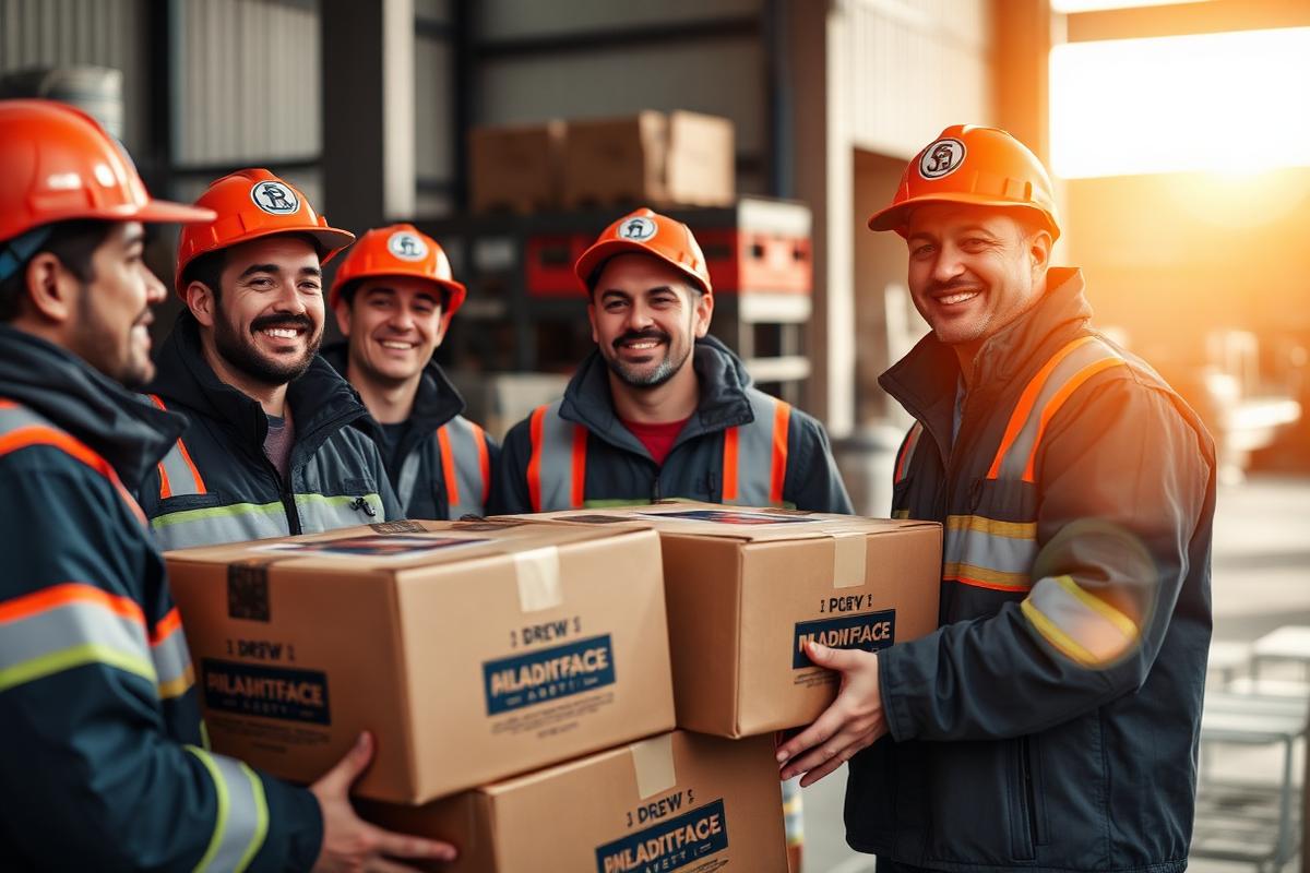 Crew receiving boxes of branded safety gear at a warehouse staging area