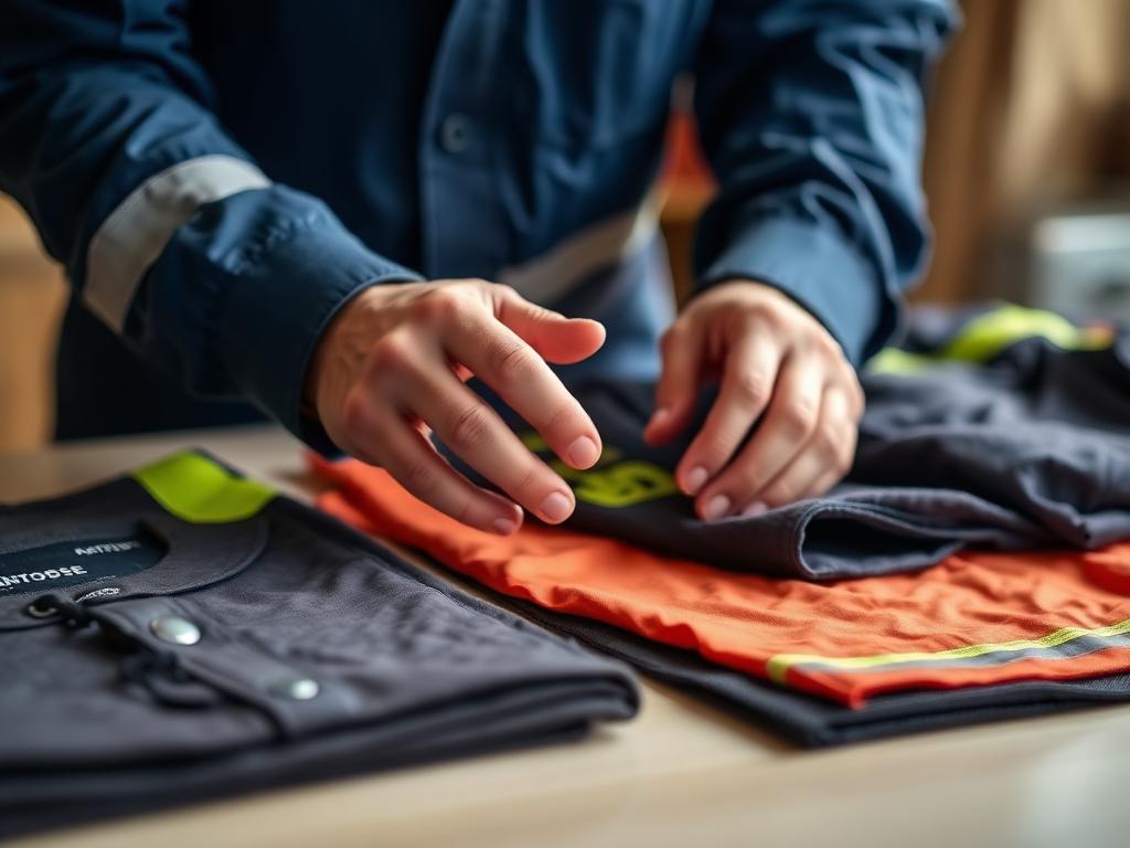 Hands reviewing branded work shirts and hi-vis samples on a table