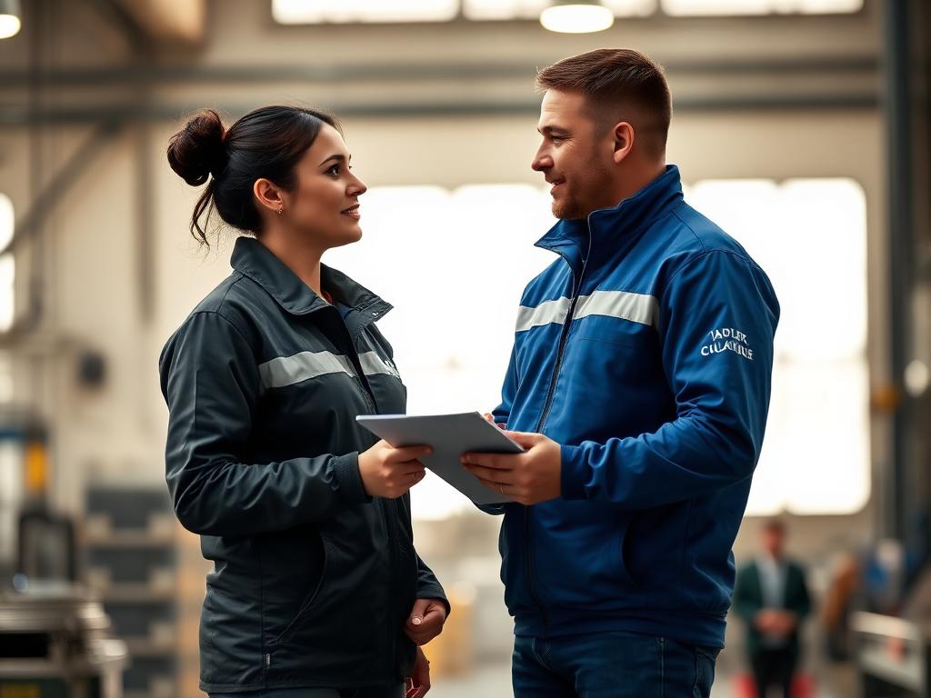Two people in branded workwear planning a program on a plant floor