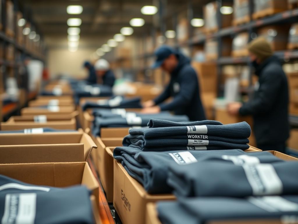 Warehouse team packing folded branded workwear into shipping boxes